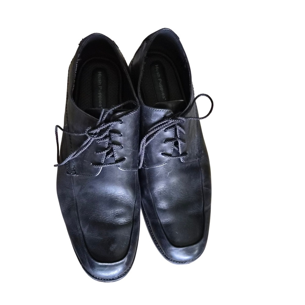 Hush Puppies Mens Black Leather Derby Dress Shoes Square Toe Lace Up GUC 13 EW